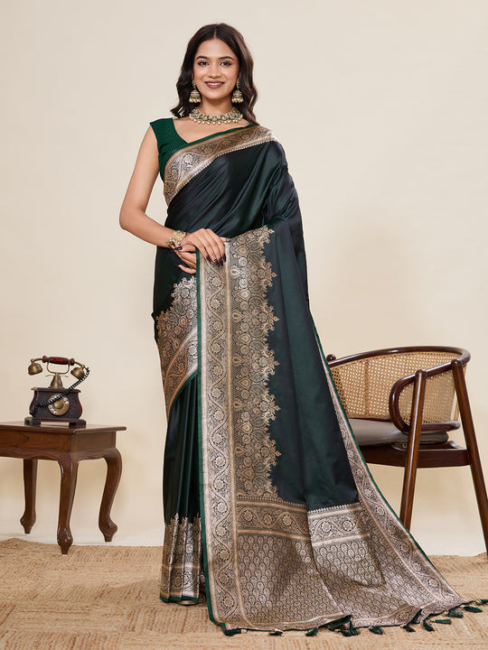 Green Pure Satin Silk Gala Border Concept Weaved With Jari And Minakari Rich Pallu Saree With Blouse Piece