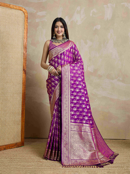 Purple Pure Satin Banarasi Saree With Tassels Saree With Blouse Piece