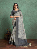 Milkywhite Pure Handloom Tussar Woven Pallu Ajrakh Printed With Blouse Piece