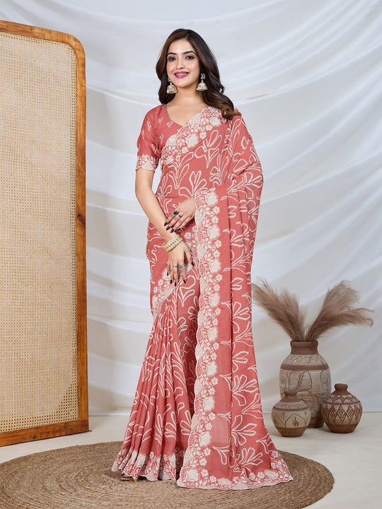 Poly Georgette Geometric Print Saree With Embroidery And Scaloping Work With Unstitched Blouse Piece