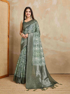 Green Pure Cotton Tie And Dye Printed Banarasi Rich Pallu Saree With Zari Tassels Saree With Blouse Piece