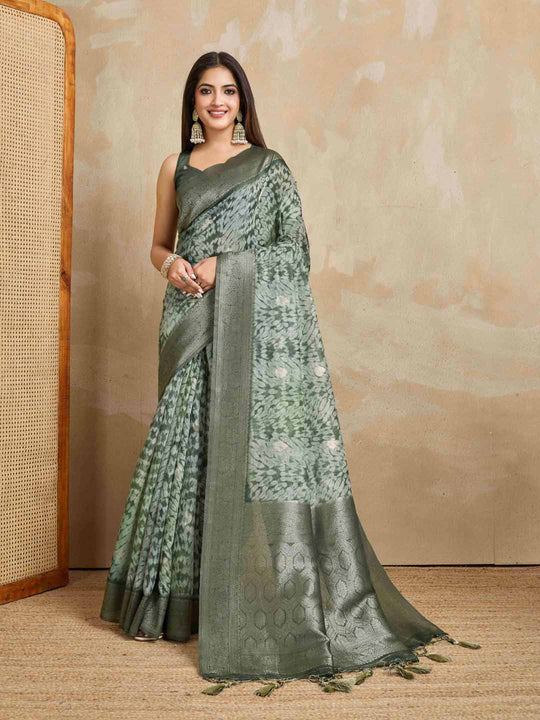 Green Pure Cotton Tie And Dye Printed Banarasi Rich Pallu Saree With Zari Tassels Saree With Blouse Piece