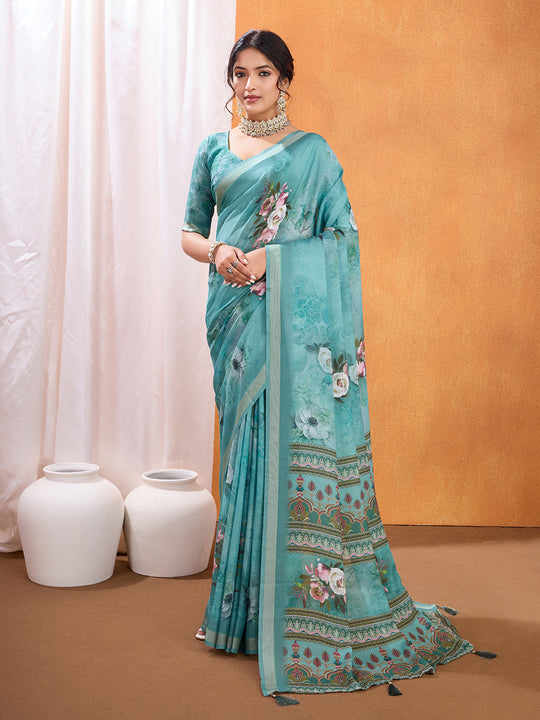 Turquise Poly Crepe Party Wear Saree With Blouse Piece
