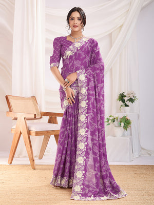 Purple Poly Georgette Festive Wear Saree With Blouse Piece