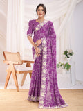 Purple Poly Georgette Festive Wear Saree With Blouse Piece