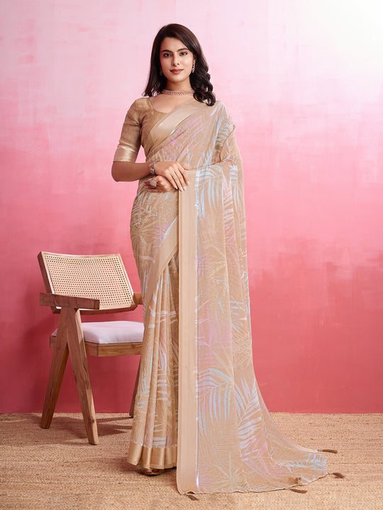 Peach Silk Georgette Festive Wear Saree With Blouse Piece