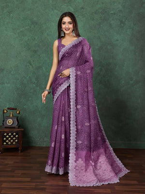 Wine Cotton Banarasi Printed Saree With Thread Embroidery Scalloping  Saree With Blouse Piece