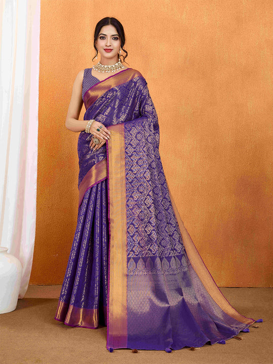 Purple Ikkat Woven Kajeevaram Silk Rich Pallu With Blouse Piece
