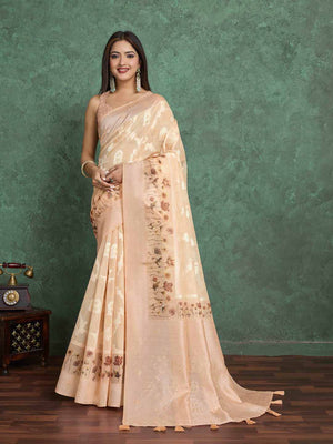Beige Pure Cotton Lucknowi Woven Printed Saree With Tassels Saree With Blouse Piece
