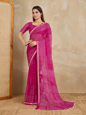 Pure Chiffon Bandhani Printed Saree With Viscose Woven Border And Blouse Piece
