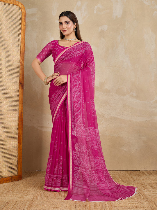 Pure Chiffon Bandhani Printed Saree With Viscose Woven Border And Blouse Piece