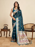Teal Blue Soft Silk Sarees Premium Two Tone Satin Fabric With Unique Pathani Designs Saree With Blouse Piece