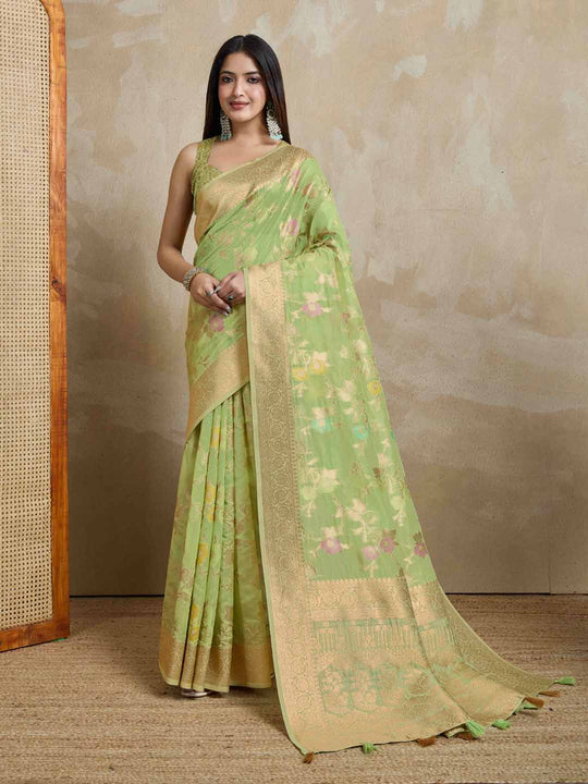 Mintgreen Organza Banarasi Woven Rich Pallu With Blouse Piece