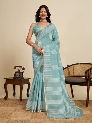 Sage Green Linen Saree With Jari Border All Over Single Colour Printed Saree With Blouse Piece