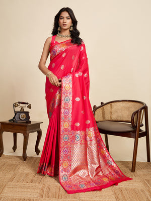 Pink Pure Jacquard Fabrics With Sona Chandi Pure Zari Work Saree With Blouse Piece