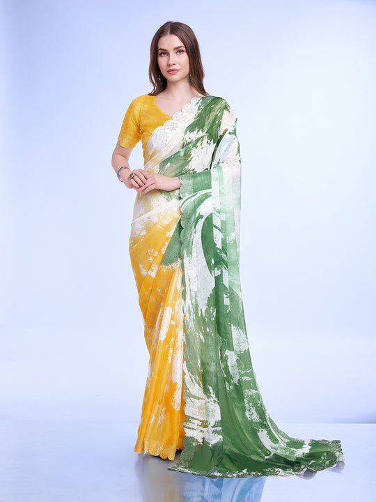 Green Poly Chiffon Festival Saree With Blouse Piece