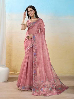 Peach Organza Zari Woven Printed Saree With Hand-Sequence Embellishment Saree With Blouse Piece