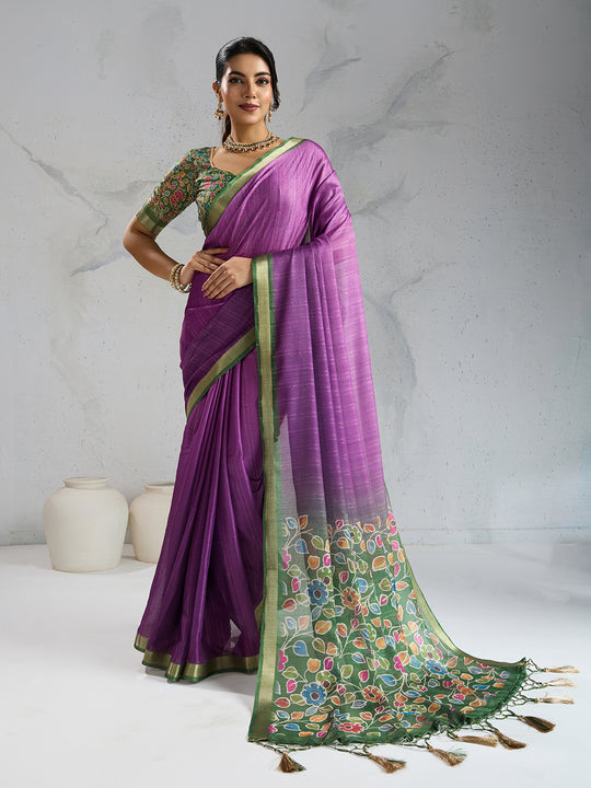 Pure Chiffon Digital Printed Woven Saree With Woven Border And Fancy Tassels