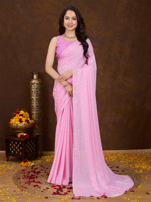 Pink Crepe Georgette Gold Foil Embellished Printed Saree With Blouse Piece
