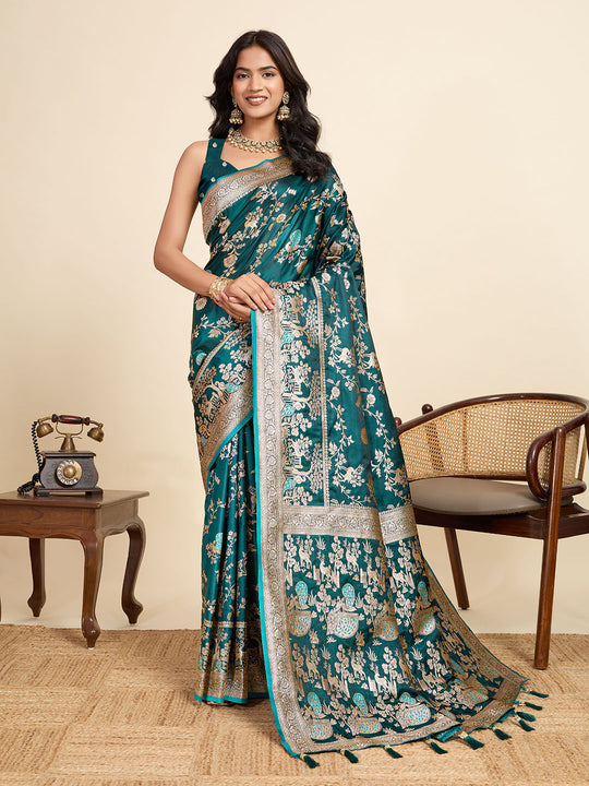 Teal Green Soft Silk Sarees Premium Two Tone Satin Fabric With Unique Designs Saree With Blouse Piece
