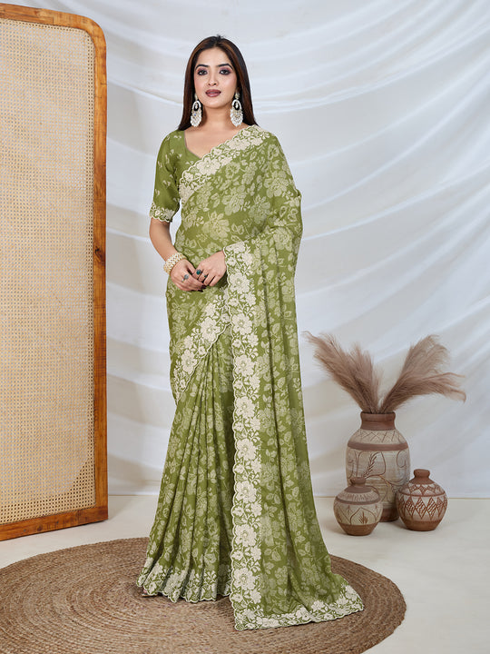 Poly Georgette Geometric Print Saree With Embroidery And Scaloping Work With Unstitched Blouse Piece