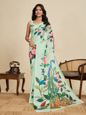 Mint Green Chinon Saree All Over Single Colour Printed Saree With Blouse Piece