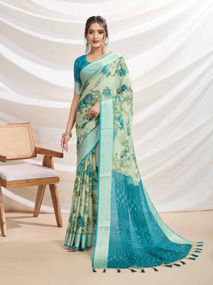 Light Green Silk Chiffon Viscose Border Floral Printed Saree Saree With Blouse Piece