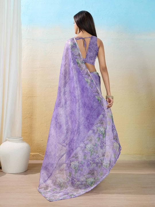 Purple Organza Zari Woven Printed Saree With Hand-Sequence Embellishment Saree With Blouse Piece