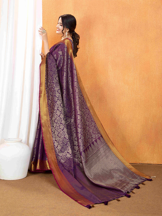 Wine Ikkat Woven Kajeevaram Silk Rich Pallu With Blouse Piece