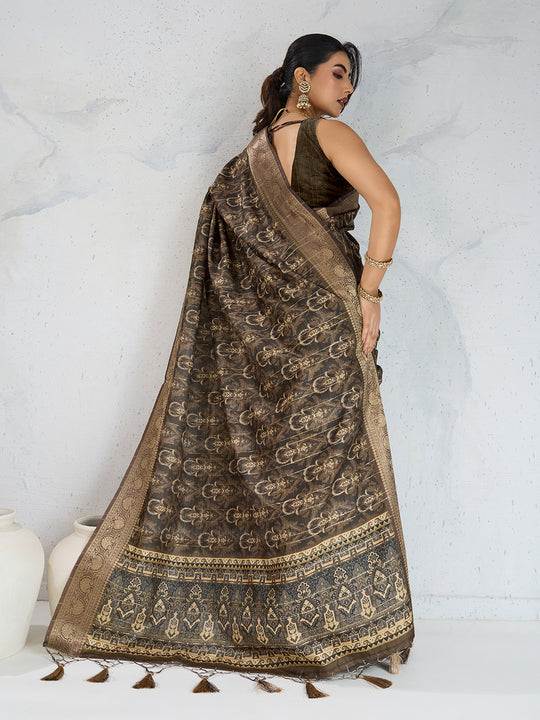 Poly Silk Woven Floral Digital Printed Saree With Woven Jacquard Border And Fancy Tassels