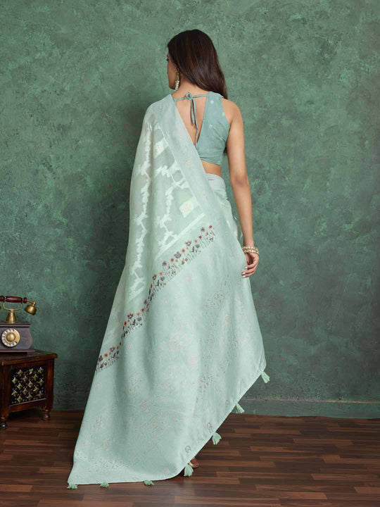 Seagreen Pure Cotton Lucknowi Woven Printed Saree With Tassels Saree With Blouse Piece