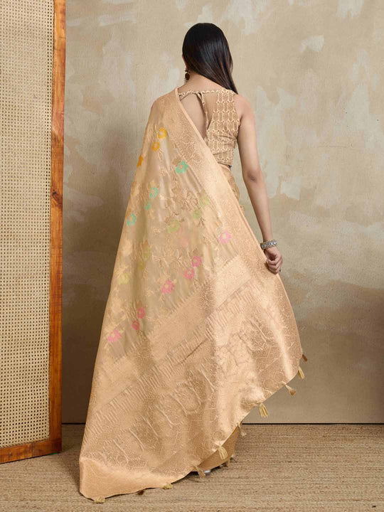 Beige Organza Banarasi Woven Rich Pallu With Blouse Piece