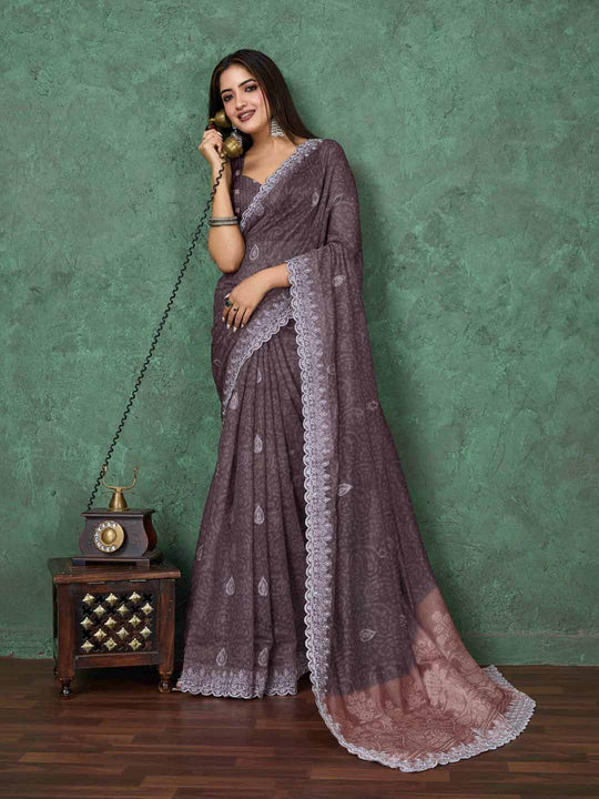 Brown Cotton Banarasi Printed Saree With Thread Embroidery Scalloping  Saree With Blouse Piece
