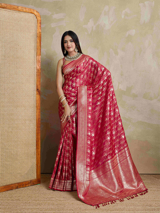 Rosepink Pure Satin Banarasi Saree With Tassels Saree With Blouse Piece