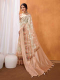 Beige Pure Cotton Lucknowi Woven Banarasi Saree With Ombre Floral Prints