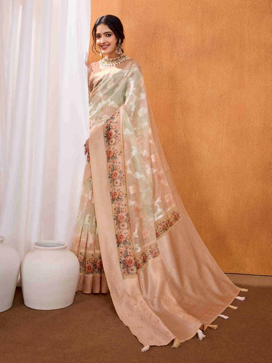 Beige Pure Cotton Lucknowi Woven Banarasi Saree With Ombre Floral Prints