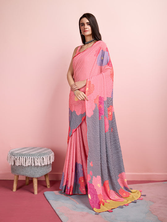 Pink Silk Blend Party Wear Saree With Blouse Piece