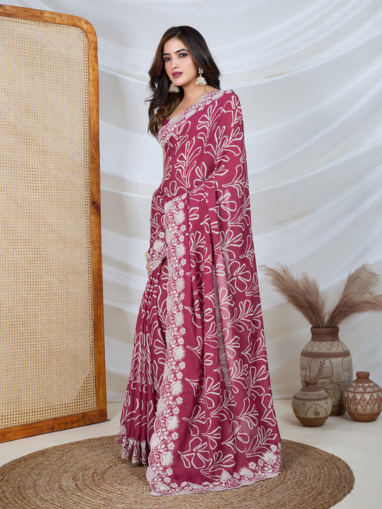 Poly Georgette Geometric Print Saree With Embroidery And Scaloping Work With Unstitched Blouse Piece