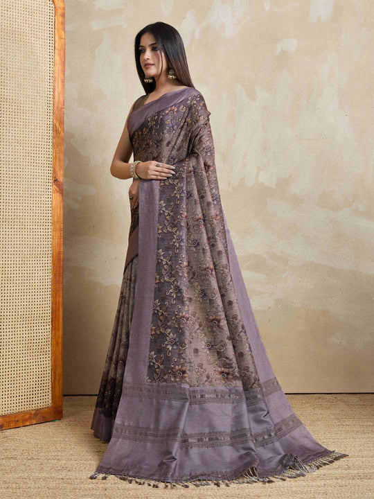 Purple Pure Handloom Tussar Woven Pallu Ajrakh Printed With Blouse Piece