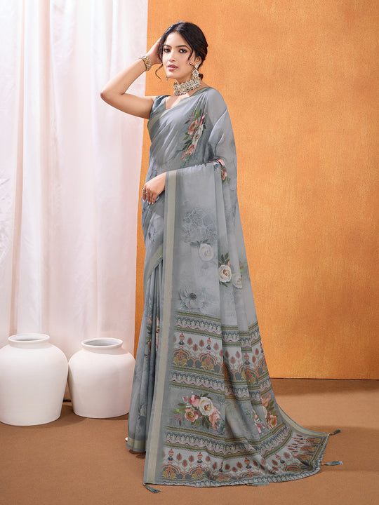 Grey Poly Crepe Party Wear Saree With Blouse Piece