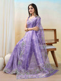 Purple Organza Zari Woven Printed Saree With Hand-Sequence Embellishment Saree With Blouse Piece