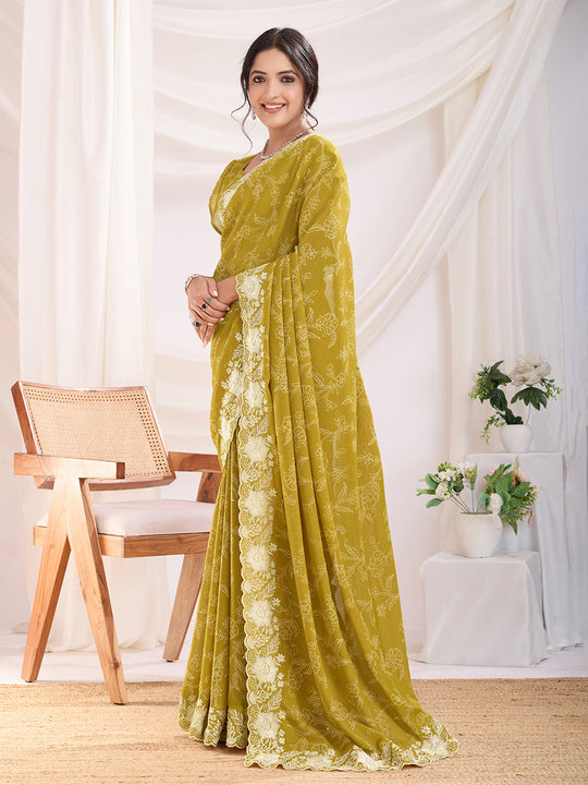 Yellow Poly Georgette Festive Wear Saree With Blouse Piece