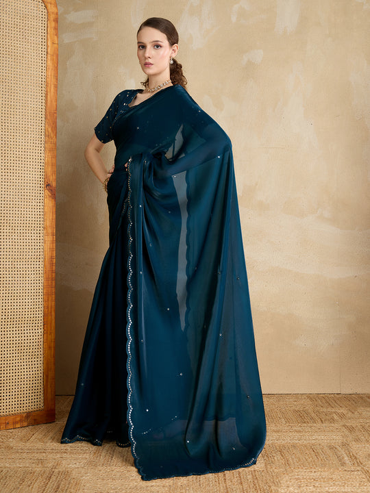 Embellished Mirror Work Organza Saree With Blouse Piece