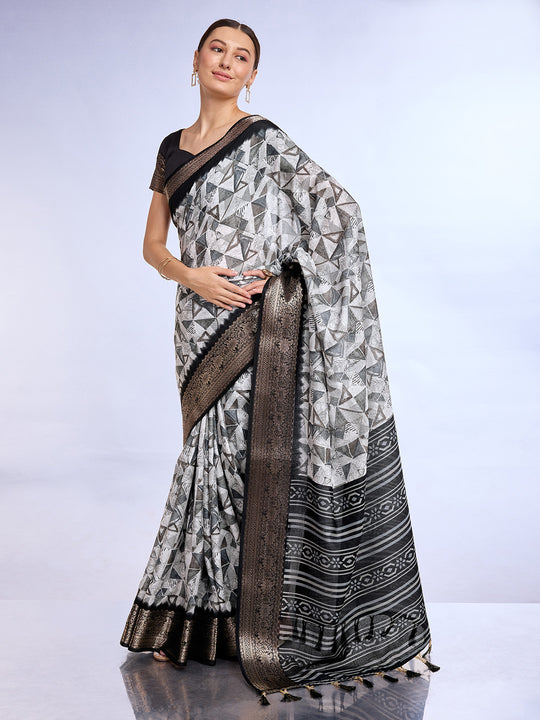 White & Black Dola Silk Saree With Blouse Piece
