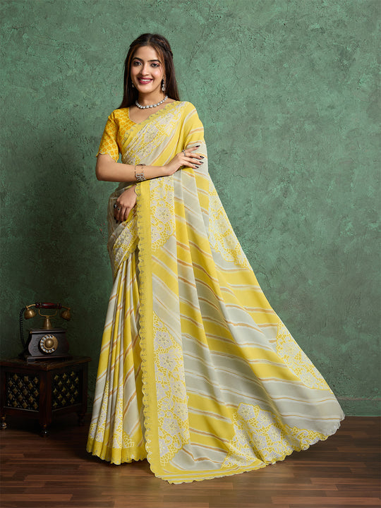 Poly Chiffon Leheriya Printed Saree With A Floral Touch And Swaroski Work With Scalloping