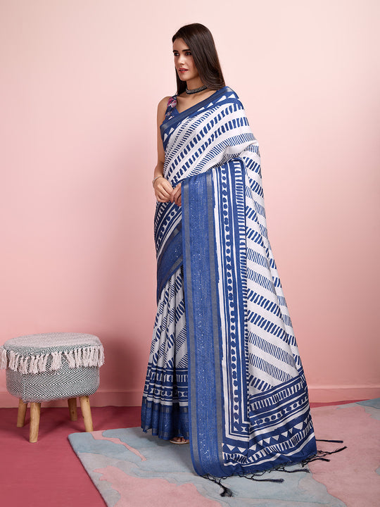 White Silk Blend Daily Wear Saree With Blouse Piece