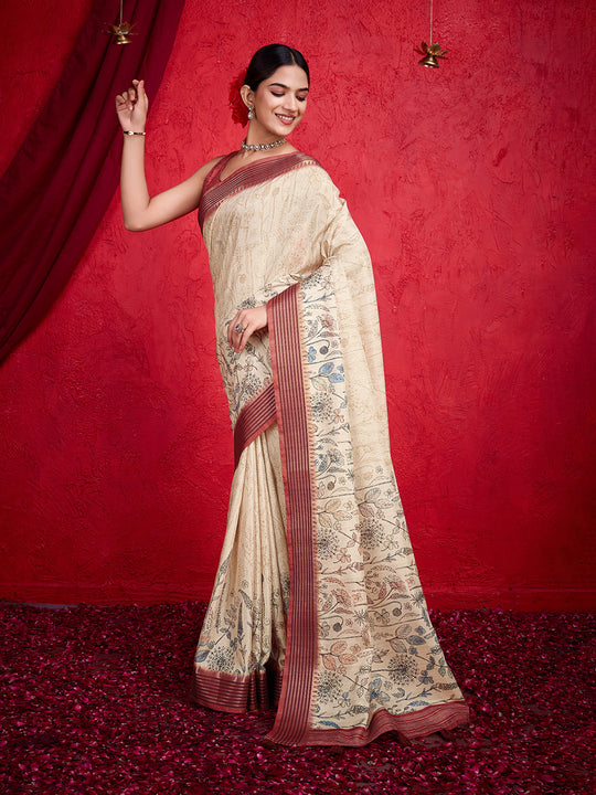 Cream Poly Silk Festival Saree With Blouse Piece