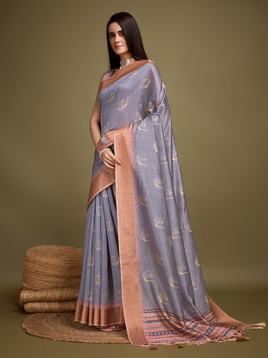 Blue Silk Blend Saree With Blouse Piece