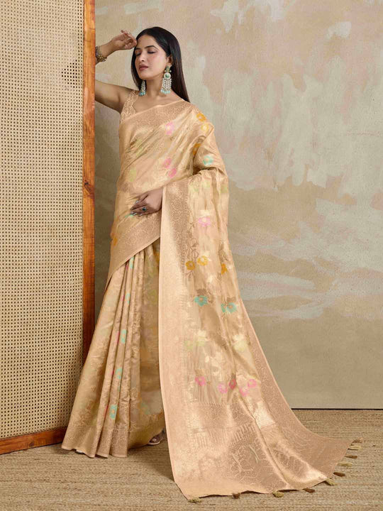 Beige Organza Banarasi Woven Rich Pallu With Blouse Piece