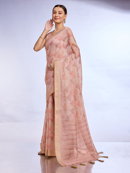 Peach Tissue Linen Blend Saree With Blouse Piece
